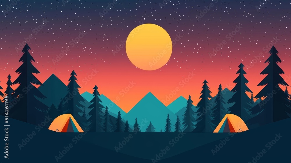 Camping under the stars, tents and sleeping bags, flat design illustration Camping under the stars, tents and sleeping bags, flat design illustration