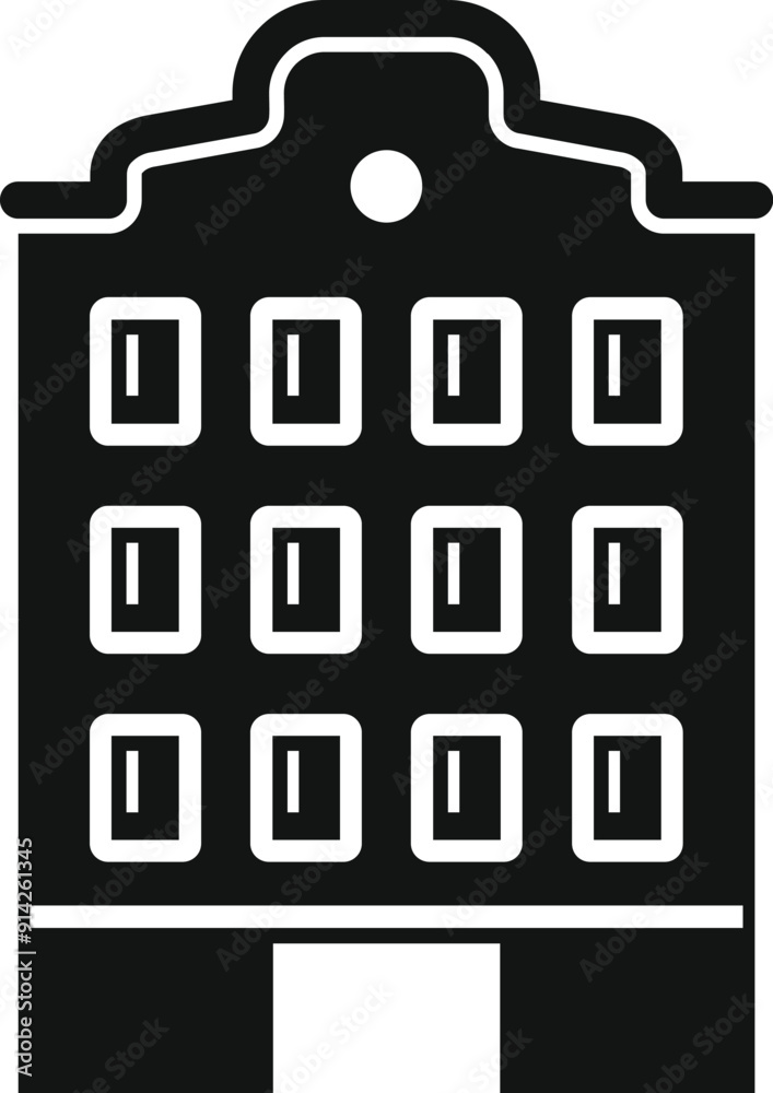 Simple black and white icon of an apartment building with multiple floors and a central entrance Simple black and white icon of an apartment building with multiple floors and a central entrance