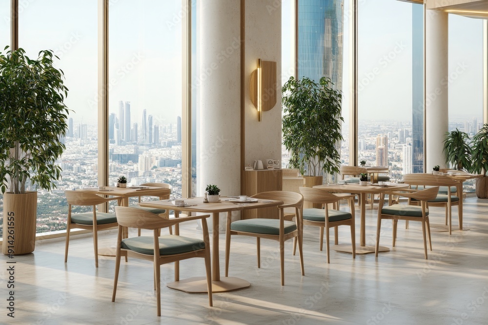 The interior of a modern cafe is decorated with wooden furniture, large windows, and an open wall with a white blank background. 3D rendering of the concept of contemporary design. The interior of a modern cafe is decorated with wooden furniture, large windows, and an open wall with a white blank background. 3D rendering of the concept of contemporary design.