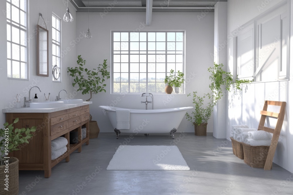Stunning modern minimalist bathroom with freestanding tub, wooden cabinets, and walk-in shower. Light background, neutral colors, concept of luxury and simplicity. Stunning modern minimalist bathroom with freestanding tub, wooden cabinets, and walk-in shower. Light background, neutral colors, concept of luxury and simplicity.