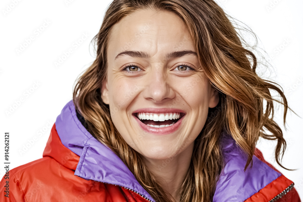 Woman In Red And Purple Jacket Smiling Woman In Red And Purple Jacket Smiling
