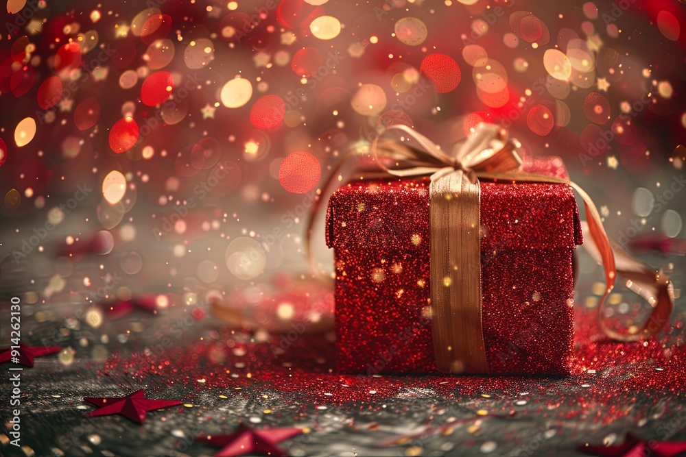 A red box with a gold ribbon sits on a table covered in glitter A red box with a gold ribbon sits on a table covered in glitter