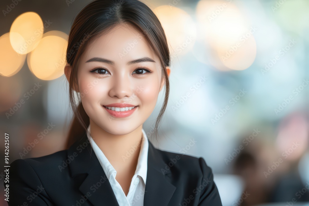 Confident businesswoman smiling in a modern office setting, showcasing professionalism and approachability. Confident businesswoman smiling in a modern office setting, showcasing professionalism and approachability.