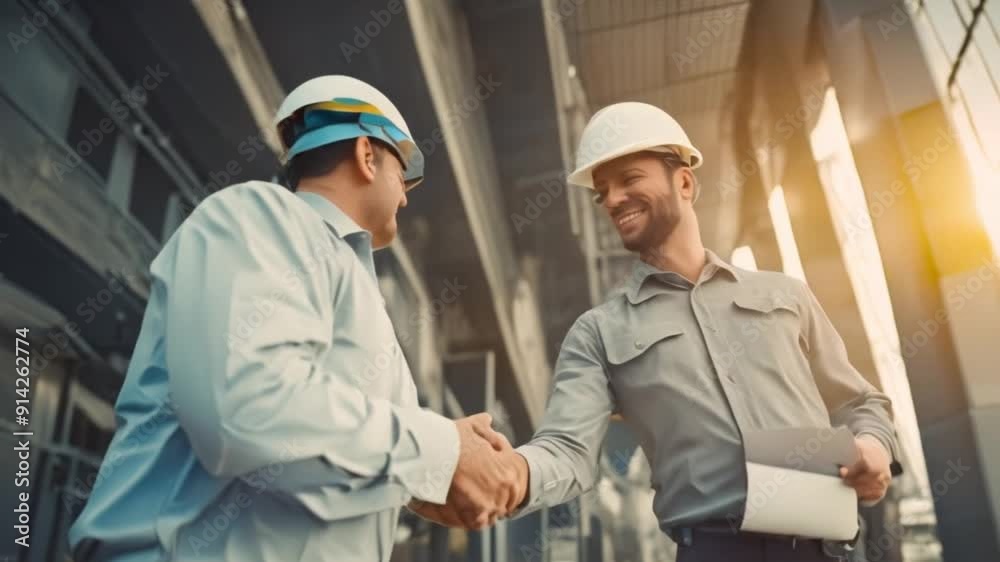 Engineer shaking hand together worker with building background Engineer shaking hand together worker with building background