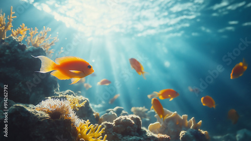 Colorful orange fish swimming among coral reef under sunlight beams in a vibrant underwater ecosystem