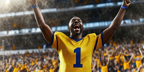 african american fan cheering in stadium, blank yellow football jersey, black white trim, black number "1" 