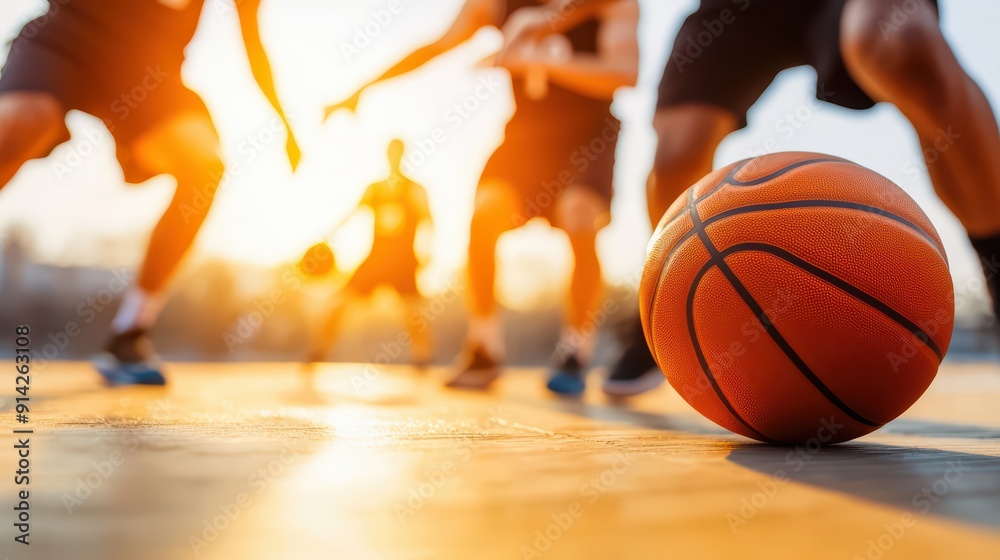 Naklejka premium Dynamic basketball scene at sunset with players in action, showcasing teamwork and sport excitement on the court.
