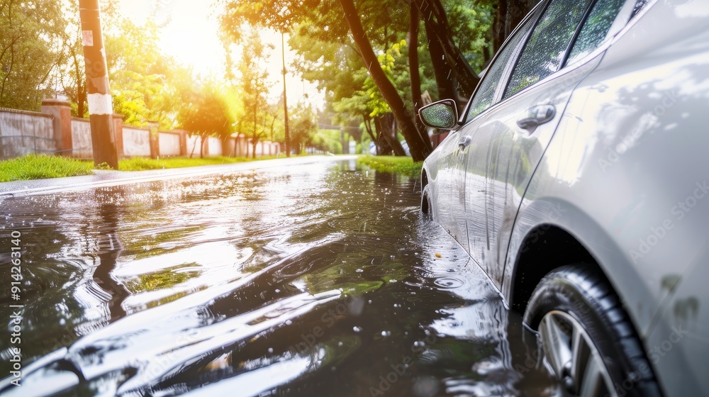 Obraz premium Car Disabled in Flooded Streets After Driving Through Heavy Rains from a Tropical Storm, Highlighting the Impact of Severe Weather Conditions