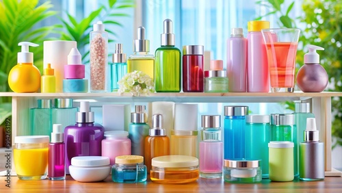 A collection of various beauty products, including bottles, jars, and tubes, arranged on white shelves. The products are in a range of colors, representing different types of skincare, haircare, and b