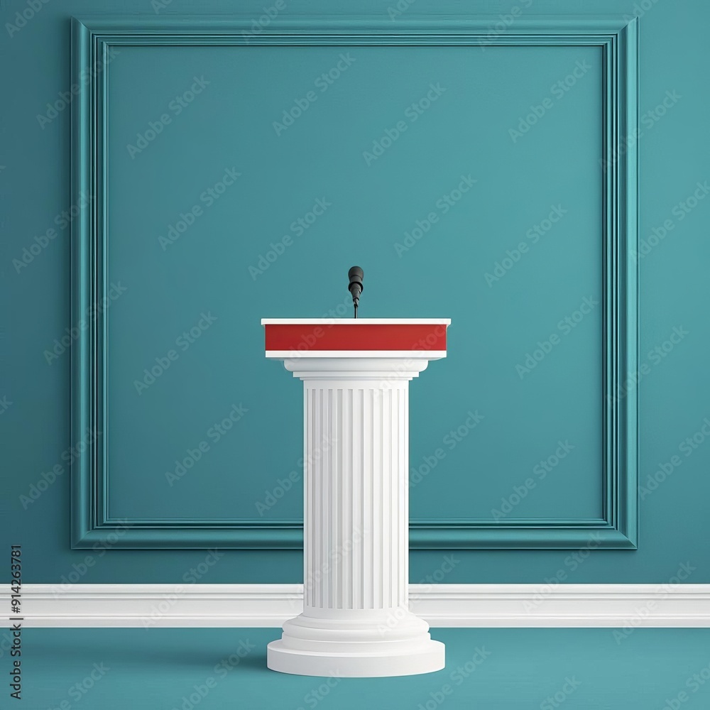 A classic podium on a vibrant blue wall, perfect for presentations or speeches in a modern setting. A classic podium on a vibrant blue wall, perfect for presentations or speeches in a modern setting.