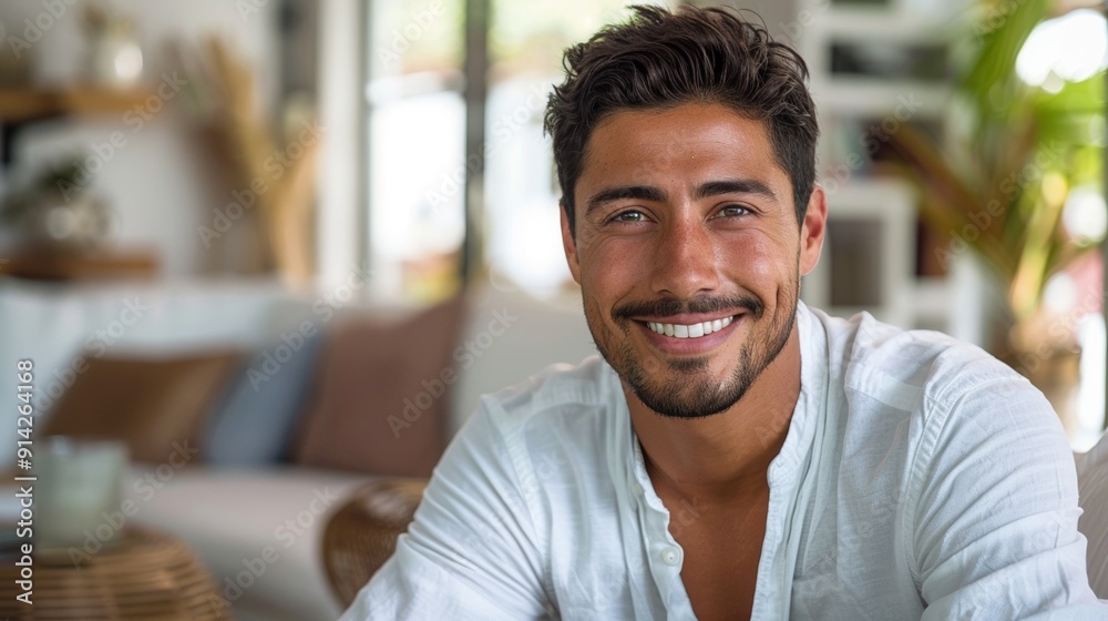 A man with a peaceful demeanor rests on a sofa in a bright, contemporary home.