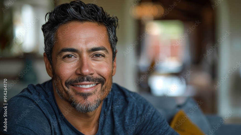 Smiling man seated on a modern sofa, enjoying the bright atmosphere of his home. Smiling man seated on a modern sofa, enjoying the bright atmosphere of his home.