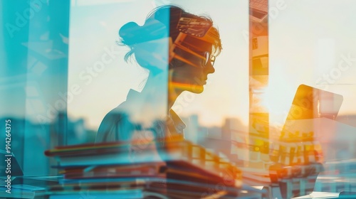 A woman working on a laptop in an office with a cityscape view. The image is double exposed, creating a modern and abstract feel.