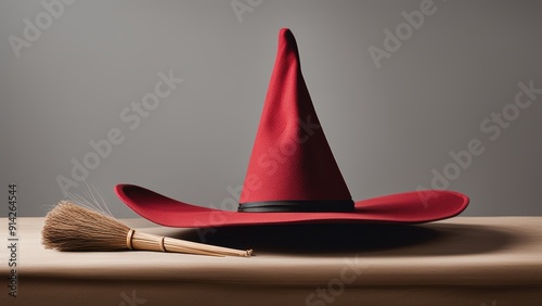 Witch's hat and broomstick on wooden surface. photo