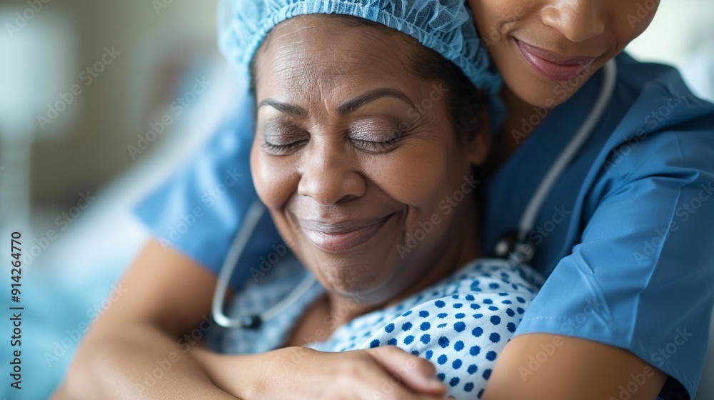 A healthcare provider in blue medical clothes gives a senior outpatient a heartfelt hug in a hospital setting, demonstrating empathy. A healthcare provider in blue medical clothes gives a senior outpatient a heartfelt hug in a hospital setting, demonstrating empathy.