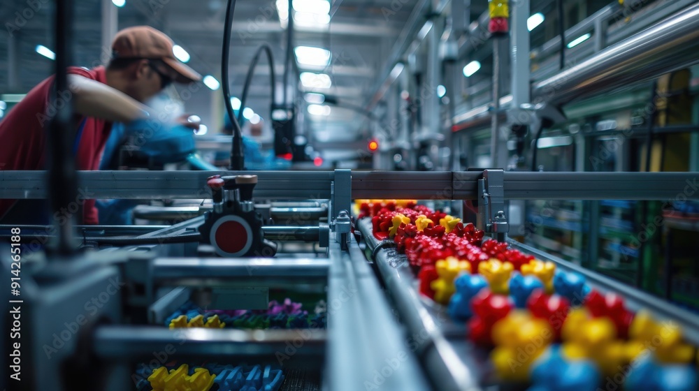 © Miso Ai - A worker in a factory monitors a conveyor belt carrying colorful toy parts.