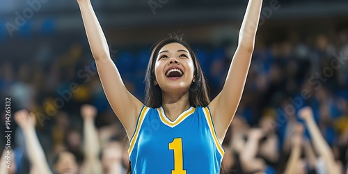 asian female fan cheering in basketball stadium, blank sky blue basketball jersey, yellow white trim, yellow white number "1"