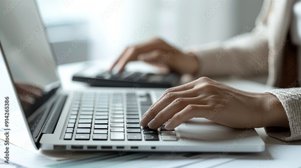 Close-up of financial management in progress with a calculator and laptop in use. Close-up of financial management in progress with a calculator and laptop in use.