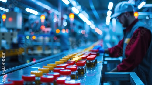 Wallpaper Mural A worker in a factory setting oversees a conveyor belt with rows of colorful products.  The image captures the busy and productive nature of industrial work. Torontodigital.ca