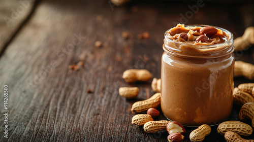 Freshly made peanut butter in a jar with whole peanuts on a rustic wooden table