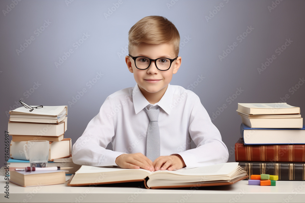 Smart Young Boy with Glasses Studying at Desk with Books Smart Young Boy with Glasses Studying at Desk with Books