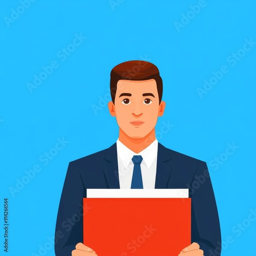 Professional man in suit holding a folder, prepared for a business meeting against a bright blue background.