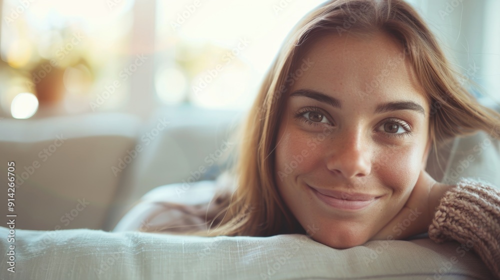 Smiling young woman in casual attire resting on a stylish sofa, surrounded by a bright and modern home setting. Smiling young woman in casual attire resting on a stylish sofa, surrounded by a bright and modern home setting.