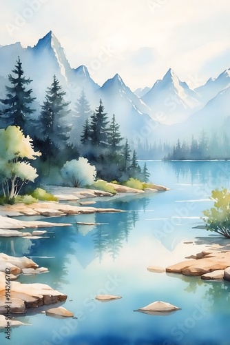 Berglandschaft Aquarell Wasserfarben Gemälde See Wasser
