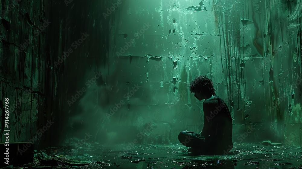 A prisoner sits in a concrete dungeon A prisoner sits in a concrete dungeon