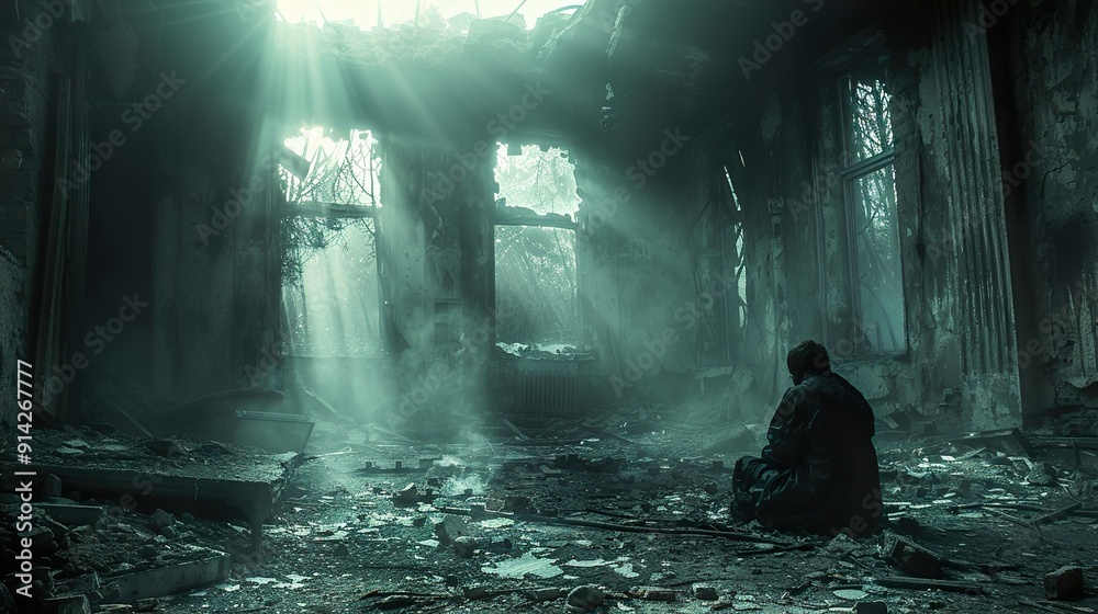 A person is sitting in an old dark abandoned house A person is sitting in an old dark abandoned house