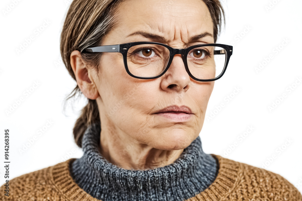 Close Up of Skeptical Woman with Glasses Close Up of Skeptical Woman with Glasses