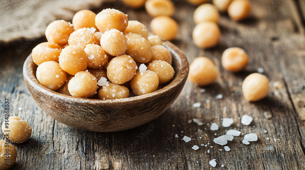 Golden-brown roasted macadamia nuts with a touch of sea salt on a rustic wooden table Golden-brown roasted macadamia nuts with a touch of sea salt on a rustic wooden table
