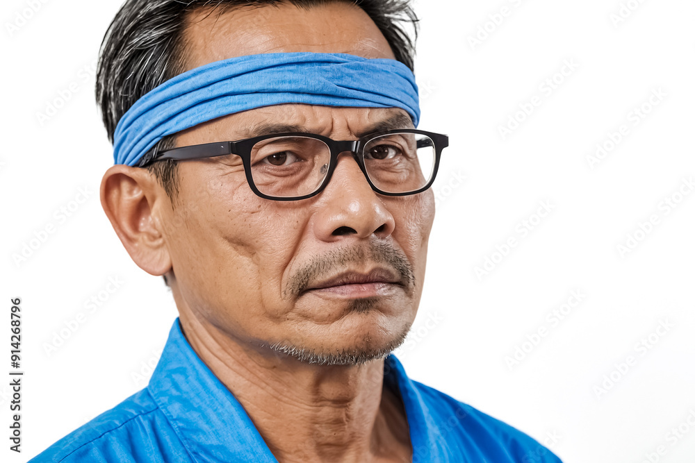 Portrait of a serious man with a blue headband Portrait of a serious man with a blue headband