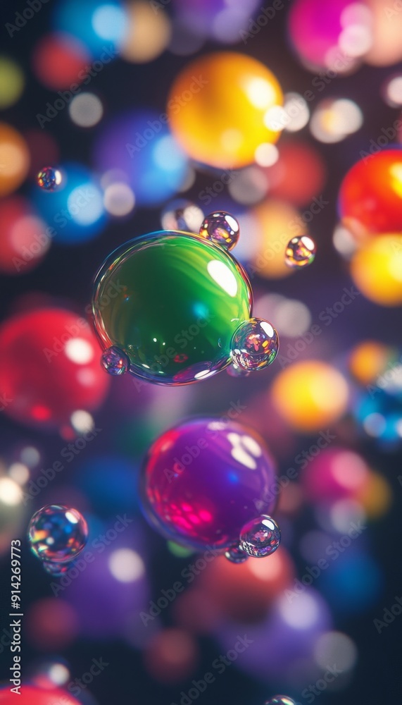 Abstract Colorful Spheres: A mesmerizing display of vibrant, iridescent spheres floating in a deep, dark space, their playful dance creates a captivating abstract composition. Abstract Colorful Spheres: A mesmerizing display of vibrant, iridescent spheres floating in a deep, dark space, their playful dance creates a captivating abstract composition.