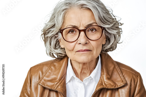 Portrait of a confident senior woman in a brown leather jacket and glasses