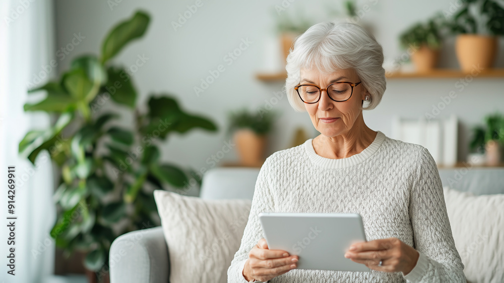 Senior woman learning to use a tablet in modern cozy living room showcasing digital literacy in older adults Senior woman learning to use a tablet in modern cozy living room showcasing digital literacy in older adults