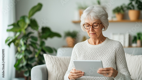 Senior woman learning to use a tablet in modern cozy living room showcasing digital literacy in older adults