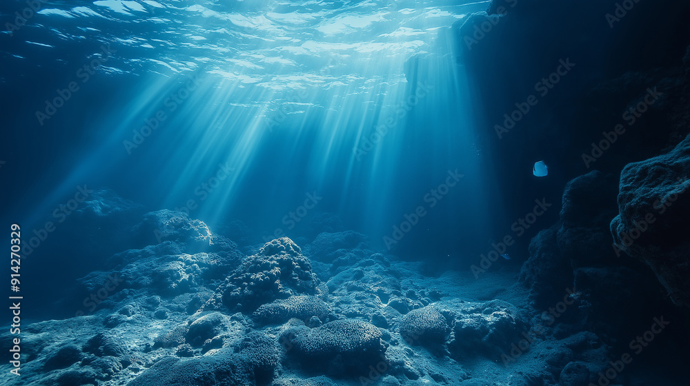 Fototapeta premium Mysterious underwater landscape with sunlight filtering through the ocean surface in a rocky marine environment