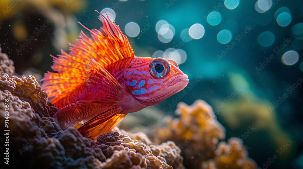 A vibrant fish swims among coral reefs in clear blue waters during bright daylight A vibrant fish swims among coral reefs in clear blue waters during bright daylight