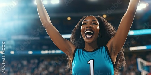 black woman fan cheering in basketball stadium, blank turqouis basketball jersey, black trim, white number 