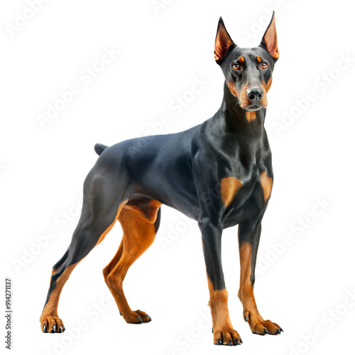 Doberman pincher standing and looking at camera, isolated on white background 