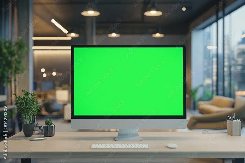 Green Screen Computer in Modern Office: A sleek, silver computer with a green screen sits on a minimalist desk in a modern, trendy office. The screen is ready for your content. Green Screen Computer in Modern Office: A sleek, silver computer with a green screen sits on a minimalist desk in a modern, trendy office. The screen is ready for your content.