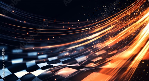 Blazing Checkered Flag: A checkered flag unfurls amidst a fiery, high-speed blur, capturing the thrill and victory of motorsports. 