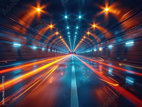 Abstract blur of car lights, tunnel, speed.