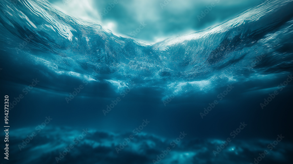 Fototapeta premium Underwater view of sunlight filtering through ocean waves in a tranquil sea