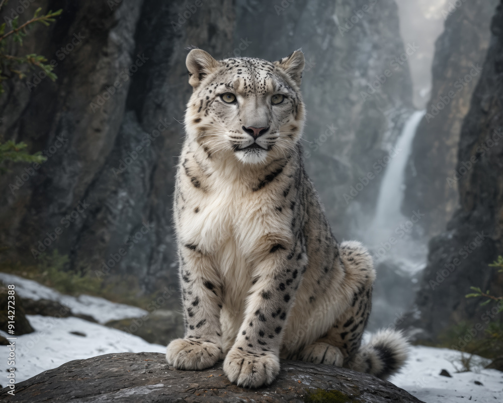 Majestic Snow Leopard in Mountainous Landscape Majestic Snow Leopard in Mountainous Landscape