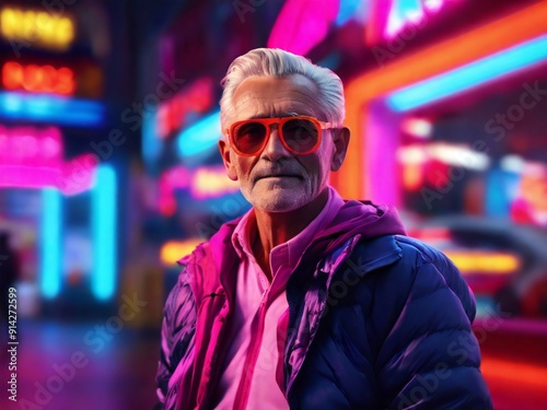 Fashion portrait of a Old men in sunglasses posing near neon signs in night club, generative AI content