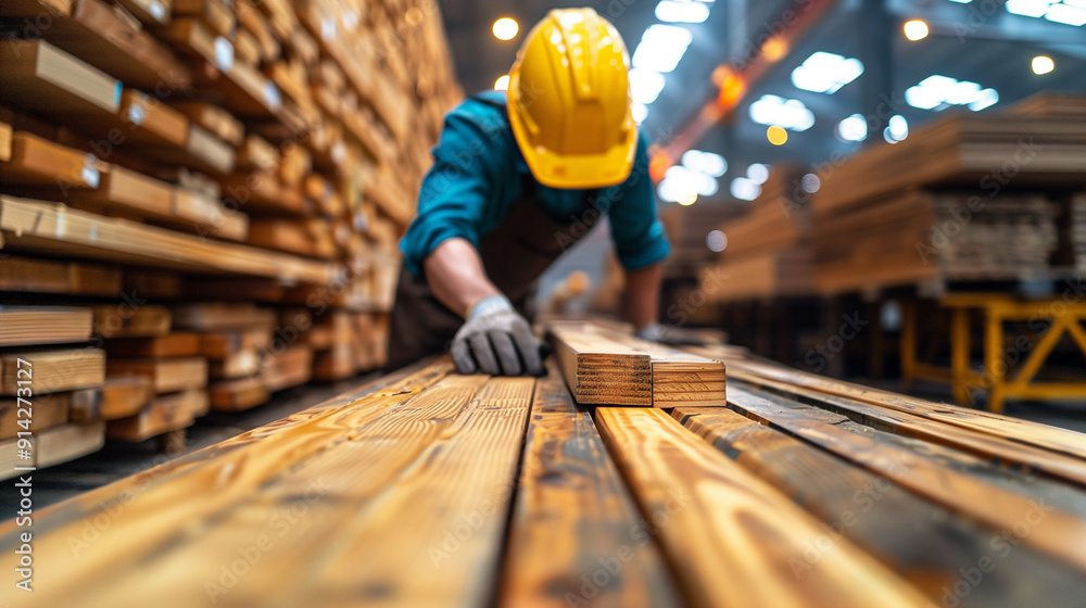 Worker inspecting stacked wooden planks in a lumber warehouse Worker inspecting stacked wooden planks in a lumber warehouse