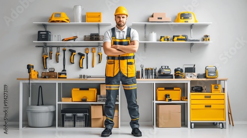 A confident man stands ready in his workshop, surrounded by a plethora of neatly organized tools. photo