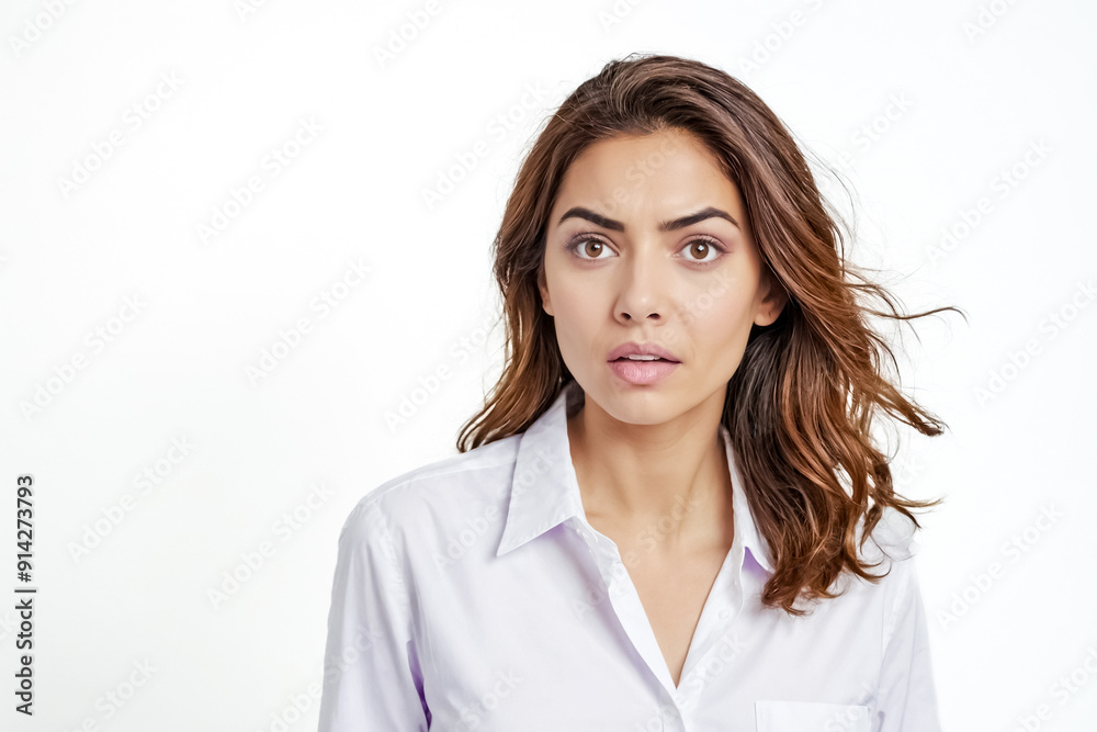 Young Woman Looking Surprised with Open Mouth, White Background Young Woman Looking Surprised with Open Mouth, White Background